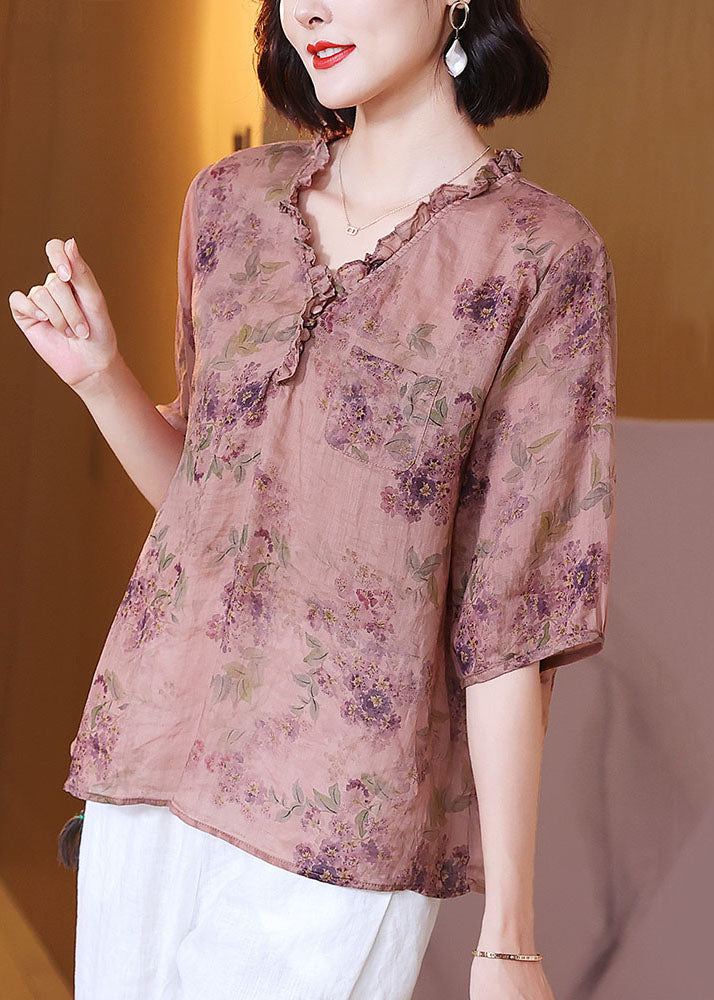 Classy Pink V Neck Ruffled Print Patchwork Linen Shirt Top Summer