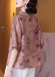 Classy Pink V Neck Ruffled Print Patchwork Linen Shirt Top Summer