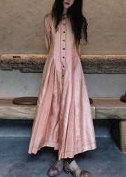 Classy Pink Wrinkled Button Pockets Cotton Maxi Dresses Spring