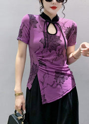 Classy Purple Asymmetrical Hollow Out Tops Short Sleeve