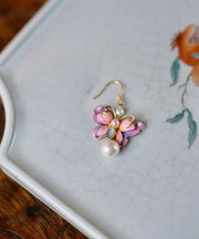 Classy Purple Copper Overgild Pearl Butterfly Drop Earrings