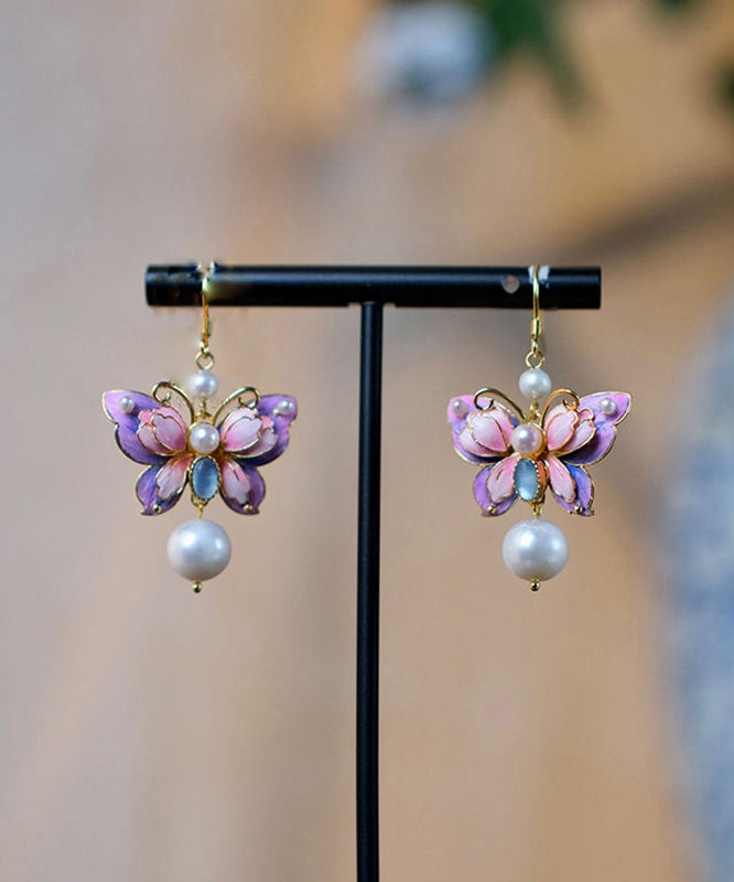 Classy Purple Copper Overgild Pearl Butterfly Drop Earrings