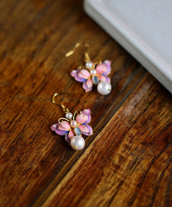 Classy Purple Copper Overgild Pearl Butterfly Drop Earrings