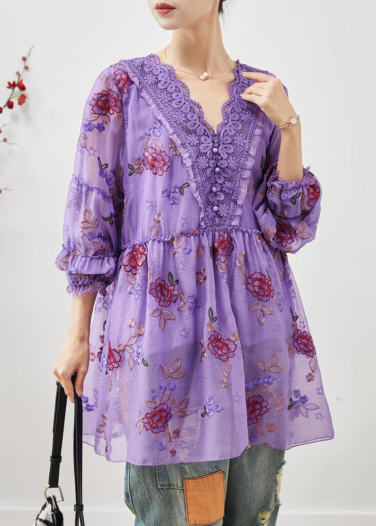 Classy Purple Embroidered Patchwork Lace Tops Summer