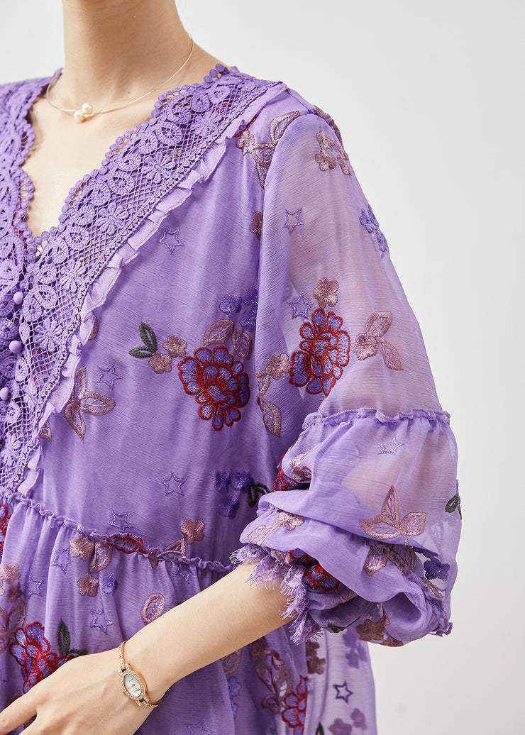 Classy Purple Embroidered Patchwork Lace Tops Summer