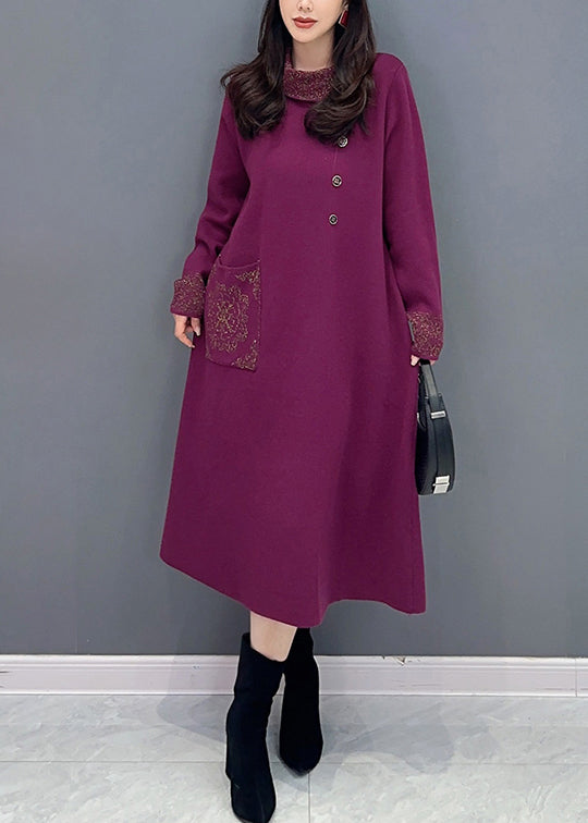 Classy Purple Hign Neck Pockets Patchwork Knit Long Dresses Fall