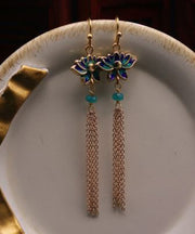 Classy Purple Lotus Tassel Cloisonne Drop Earrings