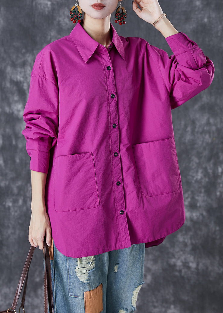 Classy Purple Oversized Pockets Cotton Blouses Fall