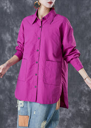 Classy Purple Oversized Pockets Cotton Blouses Fall