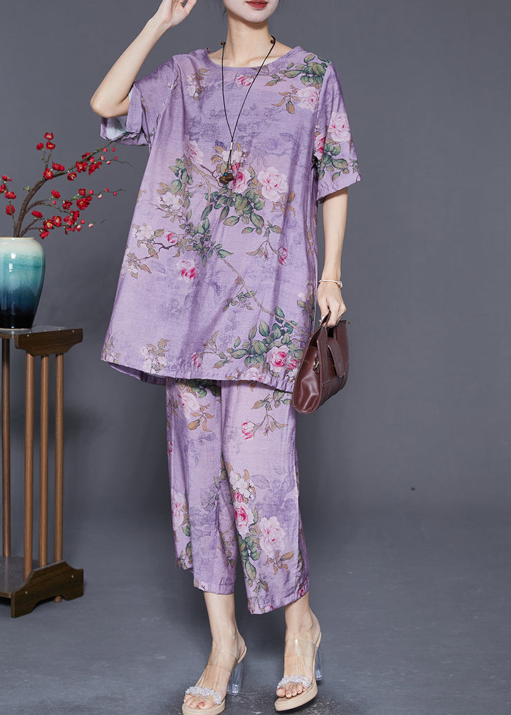 Classy Purple Oversized Print Linen Two Pieces Set Summer