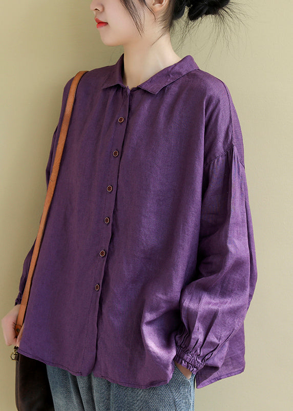 Classy Purple Oversized Wrinkled Linen Shirt Top Spring