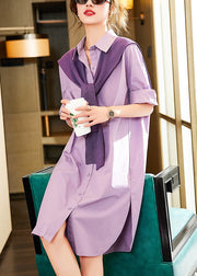 Classy Purple Peter Pan Collar Low High Design Cotton Shawl And Maxi Shirt Dress Two Pieces Set Summer