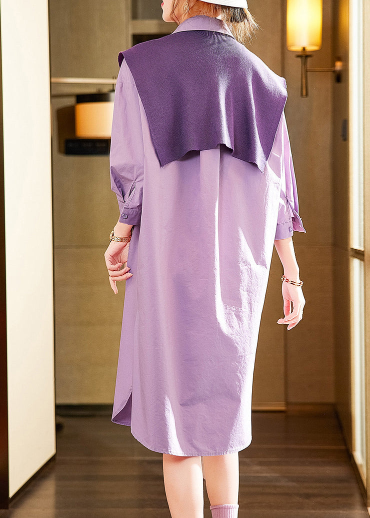 Classy Purple Peter Pan Collar Low High Design Cotton Shawl And Maxi Shirt Dress Two Pieces Set Summer