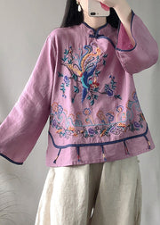 Classy Purple Stand Collar Embroideried Floral Linen Top Long Sleeve