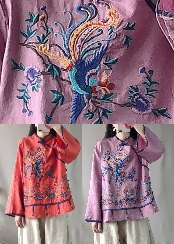 Classy Purple Stand Collar Embroideried Floral Linen Top Long Sleeve