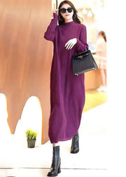 Classy Purple Stand Collar Solid Color Knit Long Sweater Dress Spring