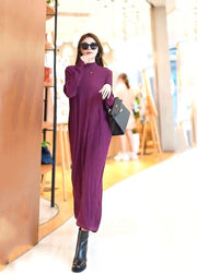 Classy Purple Stand Collar Solid Color Knit Long Sweater Dress Spring