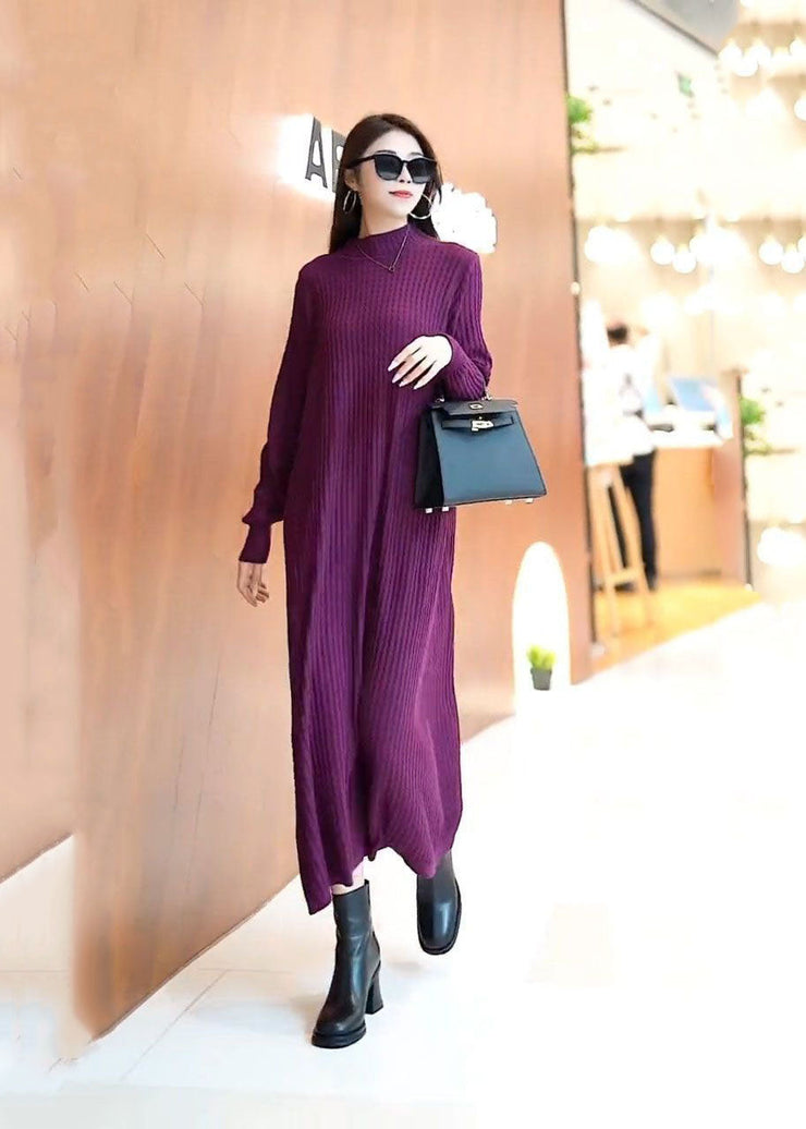 Classy Purple Stand Collar Solid Color Knit Long Sweater Dress Spring