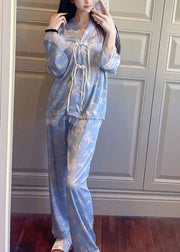 Classy Purple Tasseled Lace Patchwork Ice Silk Two-Piece Set Pajamas Long Sleeve