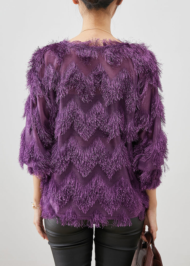 Classy Purple Tasseled Patchwork Cotton Top Fall