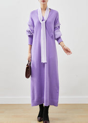 Classy Purple V Neck Patchwork Knit Long Sweater Lantern Sleeve