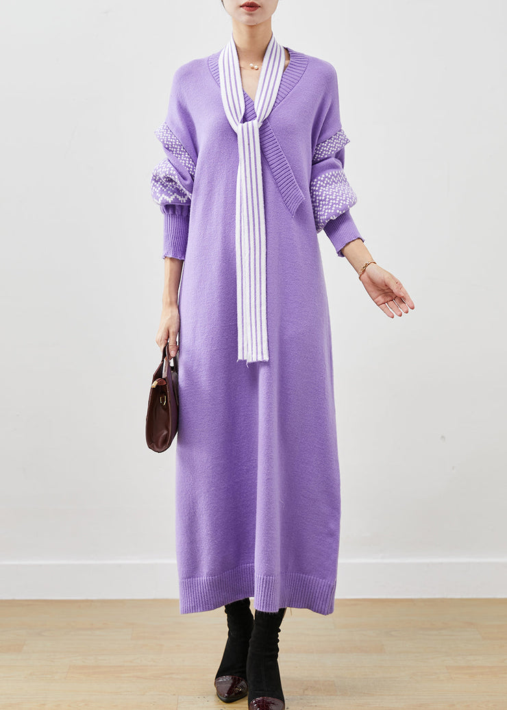 Classy Purple V Neck Patchwork Knit Long Sweater Lantern Sleeve