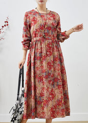 Classy Red Cinched Print Cotton Holiday Dress Spring