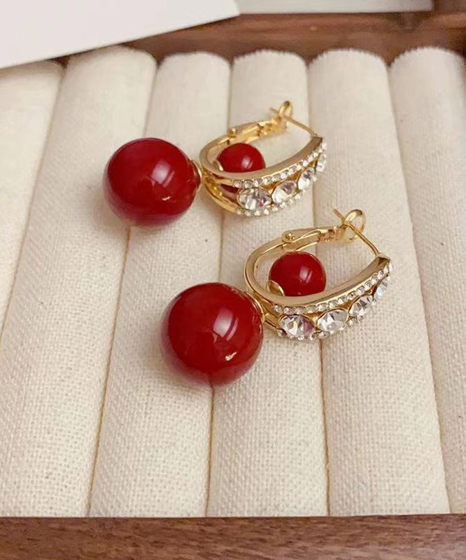 Classy Red Copper Overgild Pearl Zircon Ball Drop Earrings