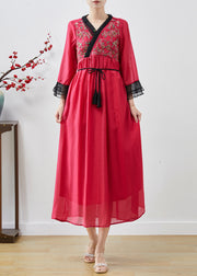 Classy Red Embroidered Patchwork Chiffon Long Dresses Fall