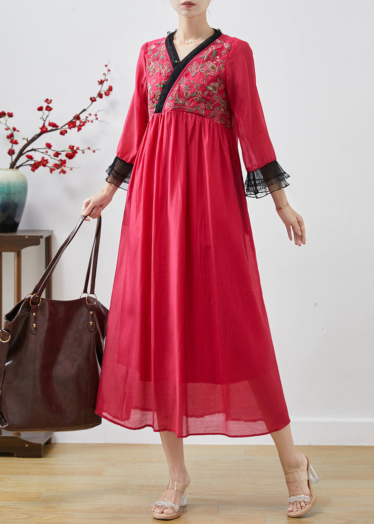 Classy Red Embroidered Patchwork Chiffon Long Dresses Fall