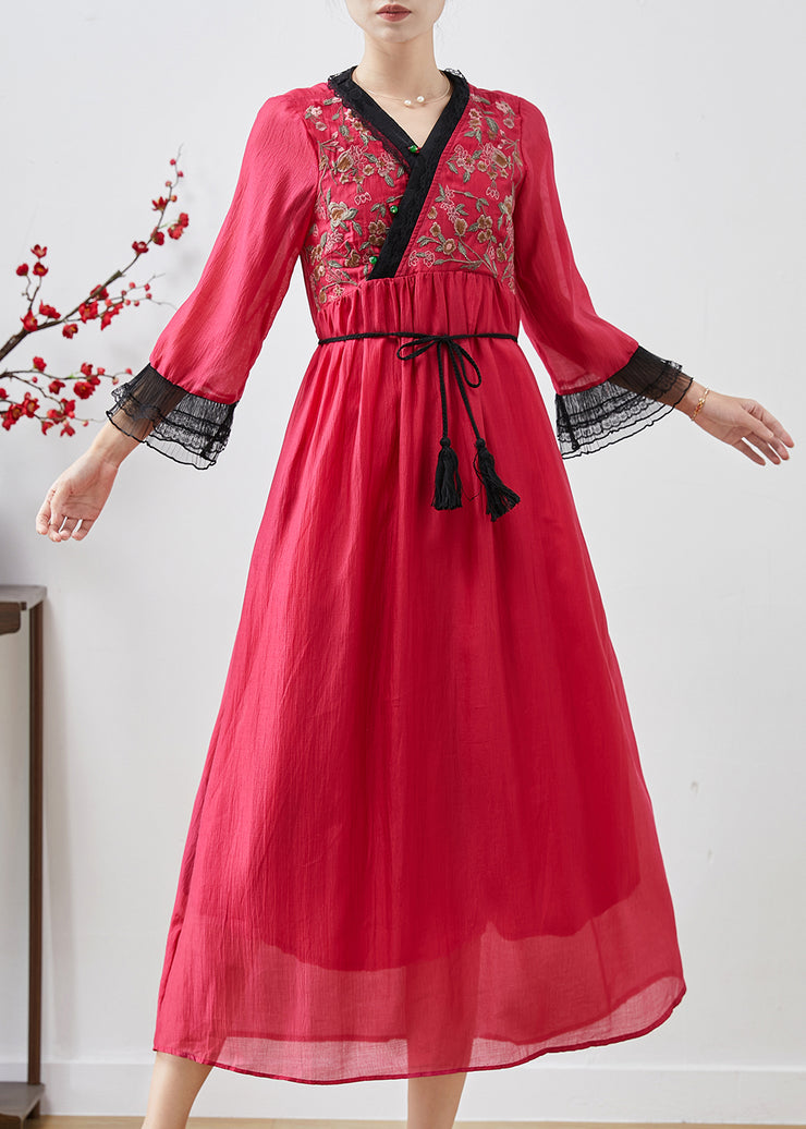 Classy Red Embroidered Patchwork Chiffon Long Dresses Fall