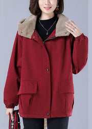 Classy Red Hooded Oversized Zippered Fuzzy Wool Lined Jackets Winter