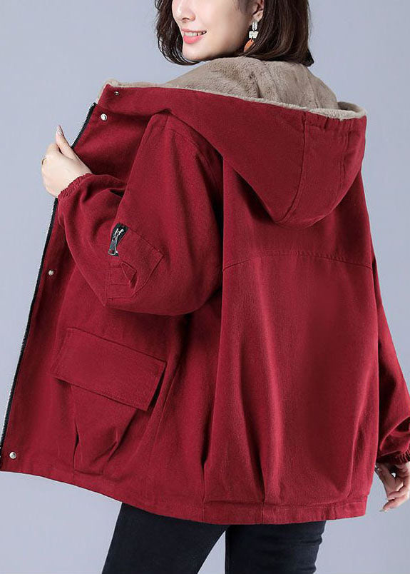 Classy Red Hooded Oversized Zippered Fuzzy Wool Lined Jackets Winter