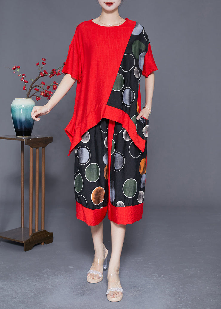 Classy Red Oversized Patchwork Cotton Two Piece Set Women Clothing Summer