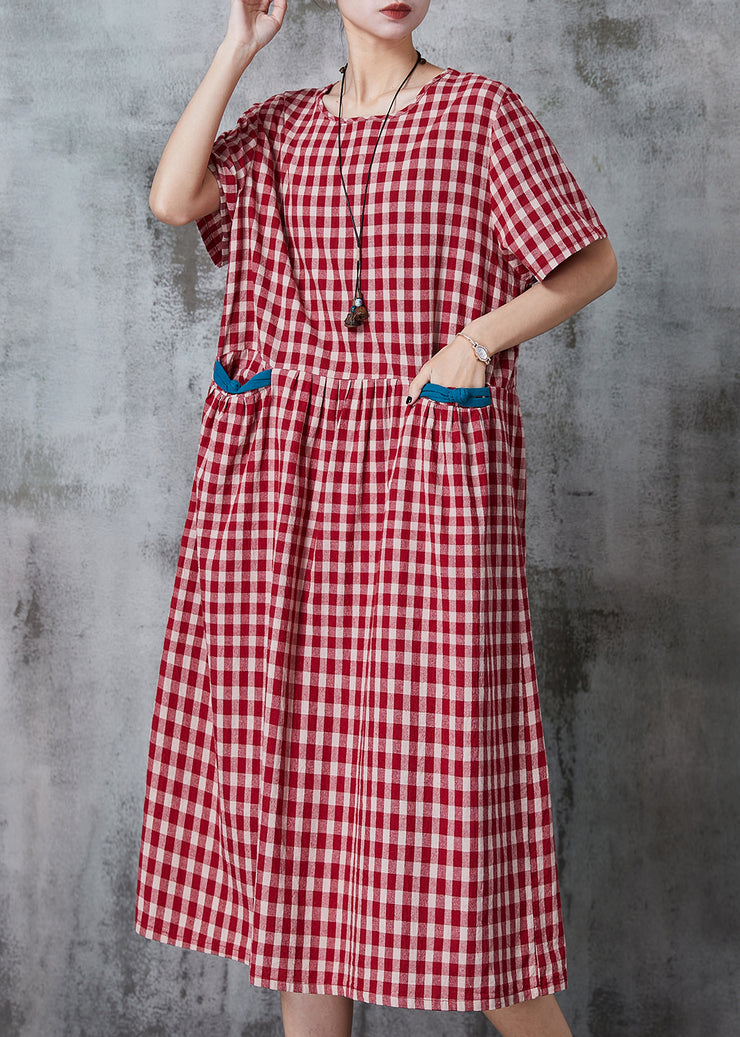 Classy Red Oversized Plaid Linen Dress Summer