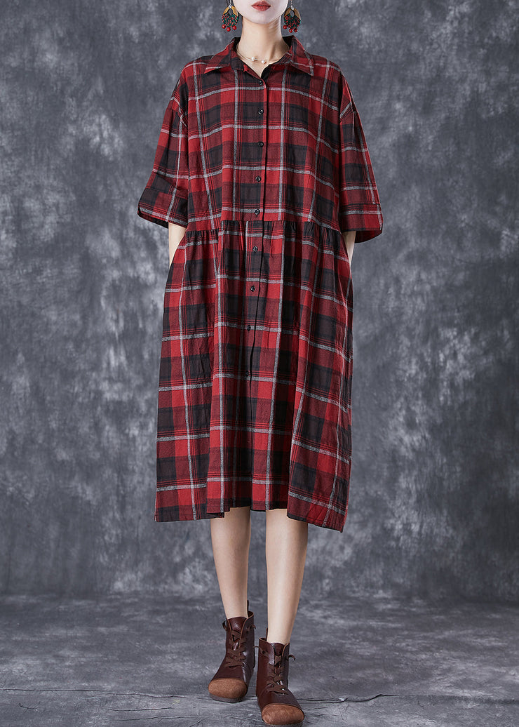 Classy Red Oversized Plaid Linen Shirt Dress Summer