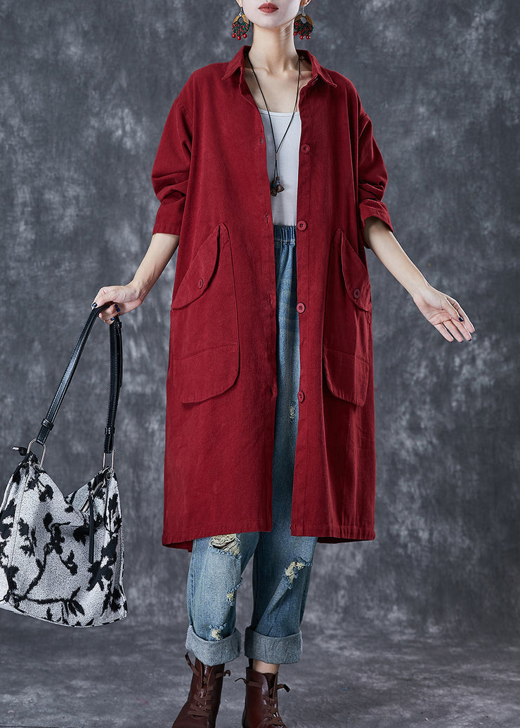 Classy Red Oversized Pockets Cotton Trench Coats Fall