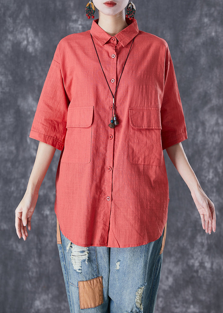 Classy Red Oversized Pockets Linen Shirt Half Sleeve