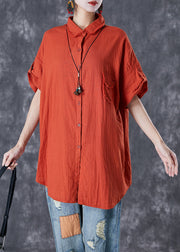 Classy Red Peter Pan Collar Oversized Cotton Shirt Summer