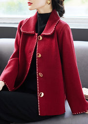 Classy Rose Peter Pan Collar Pockets  Woolen Coat Fall