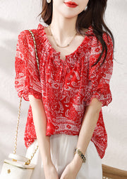 Classy Red Ruffled Print Chiffon Top Short Sleeve