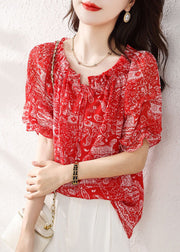 Classy Red Ruffled Print Chiffon Top Short Sleeve