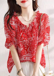 Classy Red Ruffled Print Patchwork Chiffon Shirts Top Summer