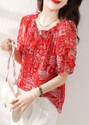 Classy Red Ruffled Print Patchwork Chiffon Shirts Top Summer