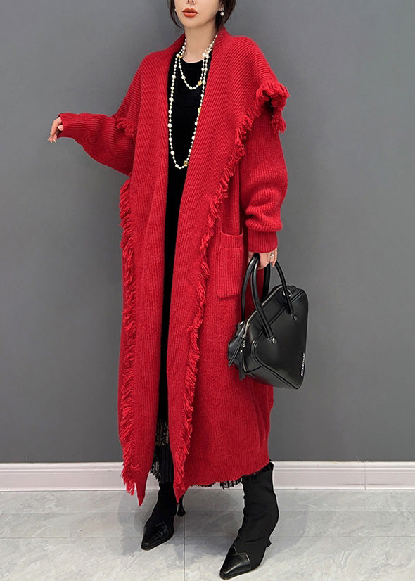 Classy Red Sailor Collar Knit Long Cardigan Winter