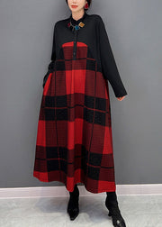 Classy Red Stand Collar Plaid Button Vacation Maxi Dresses Long Sleeve