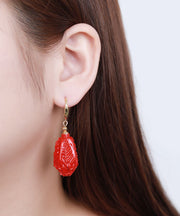 Classy Red Sterling Silver Overgild Cinnabar Chinese Cabbage Drop Earrings