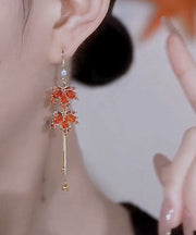 Classy Red Sterling Silver Overgild Zircon Maple Leaves Tassel Drop Earrings