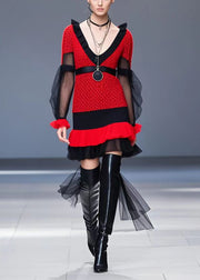 Classy Red V Neck Patchwork Tulle Knit Dress Fall