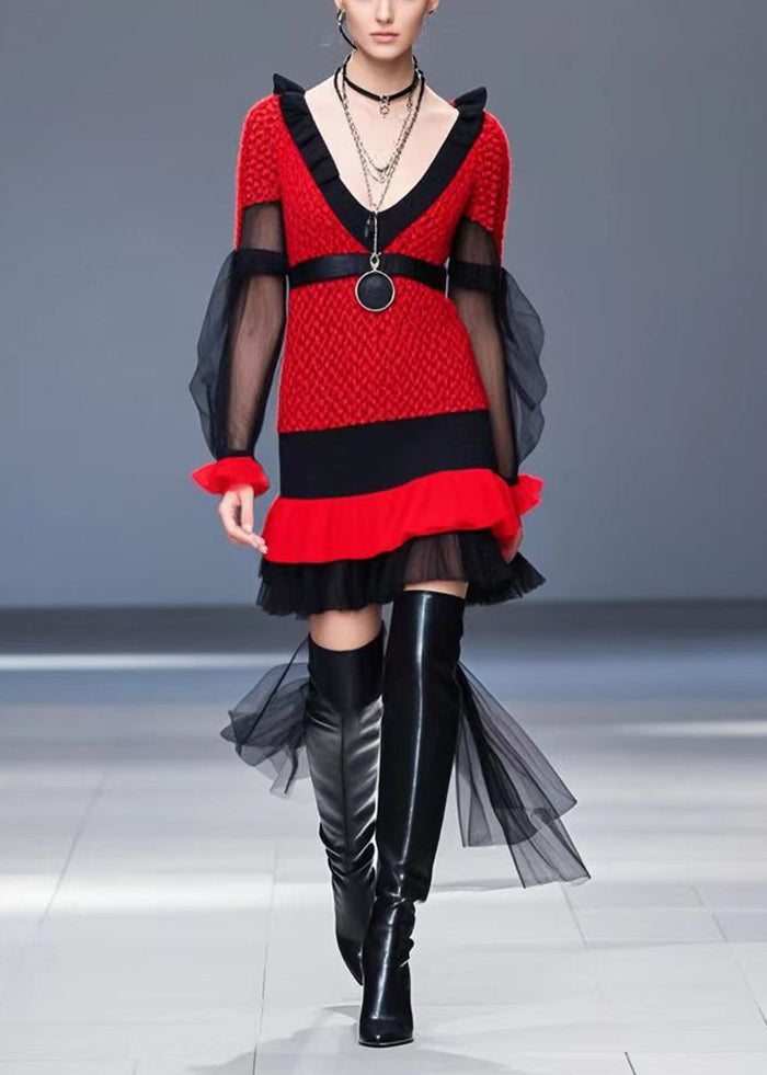 Classy Red V Neck Patchwork Tulle Knit Dress Fall